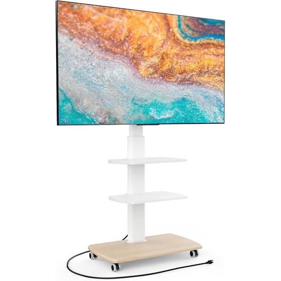 Rolling TV Stand with Power Outlets, Swivel Portable TV Stand for 32-70Inch LCD LED OLED Flat/Curved Panel Screen TVs, Height Adjustable&Wood Base, Mobile TV Cart with 2 Shelves