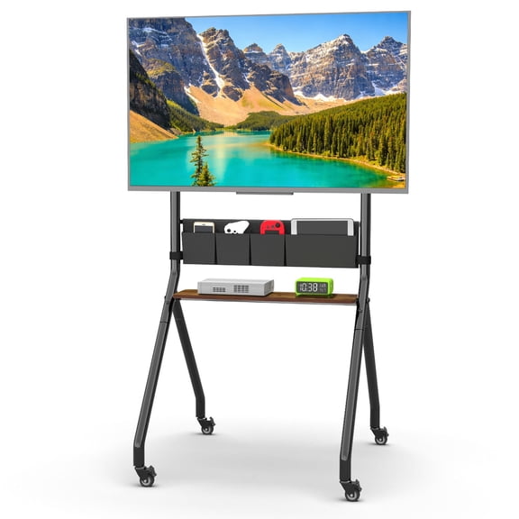 Hellsehen Modern Rectangle Rolling Height Adjustable TV Stand with Storage Bags, for 32-75 inch Screens Black