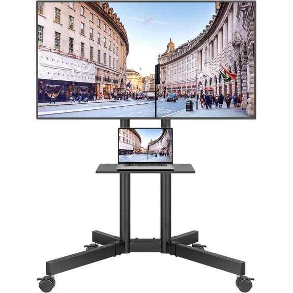 Rolling TV Stand with Tilt, Mobile TV Cart for 32-85 Inch LED LCD OLED Flat & Curved TVs, Portable Stand with Laptop Shelf, Locking Wheels, Outdoor TV Stand Holds 132 lbs, Max VESA 600x400mm