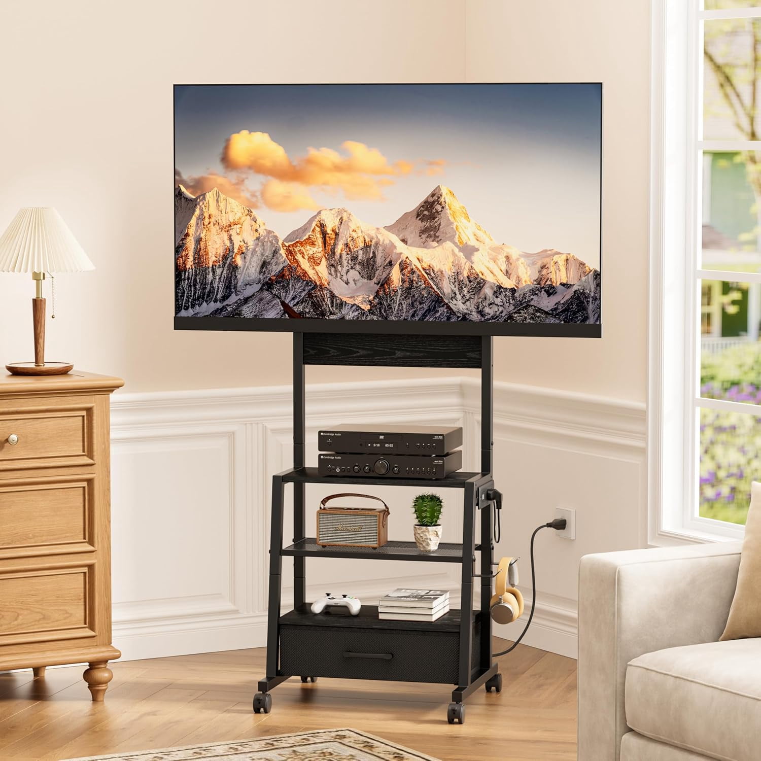 Rolling TV Stand with Wheels and Mount - Small Corner TV Stand with Power Outlet for 32-55 inch TV, Entertainment Center with Fabric Drawer Storage for Living Room Bedroom, Black
