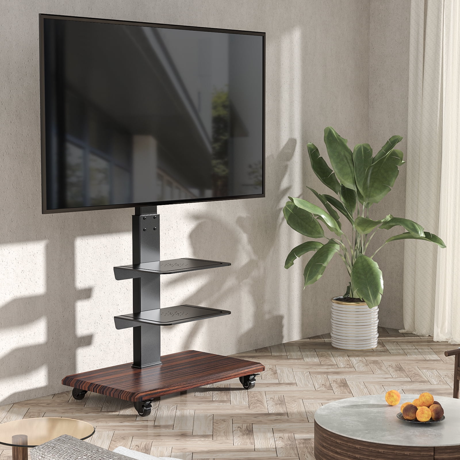 Rolling TV Stand for Flat TVs up to 85 inch, 3 Shelves, Brown