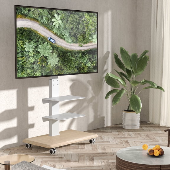 Rolling TV Stand for Flat TVs up to 85 inch, 3 Shelves, White