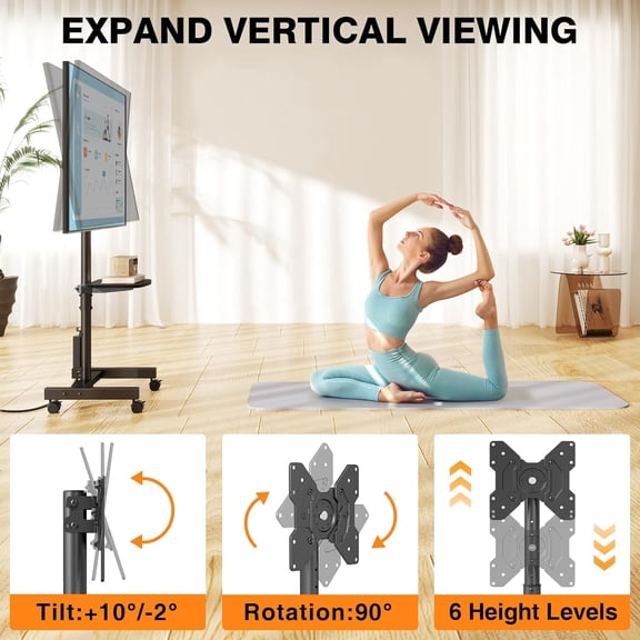Rolling TV Stand with Mount and Power Outlet for Most 13-50 inch TVs, Height Adjustable Floor Stand with Tilting Rotating, VESA 200x200mm