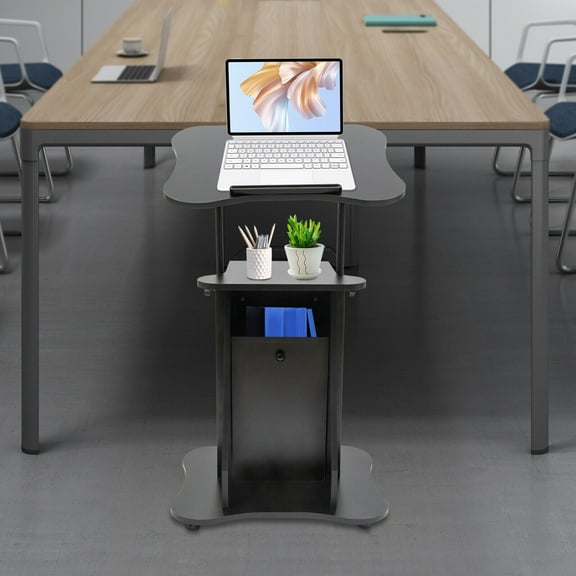 Rolling Table Lectern Podium on Wheels Laptop Workstation with Storage Cabinet for Schools, Offices, Classrooms, Home