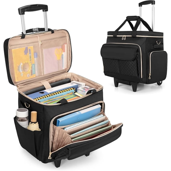 Rolling Teacher Bag with Laptop Compartment and Detachable Dolly, Multifunctional Rolling Briefcase with Accordion File Area (Patented), Black