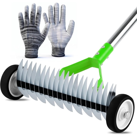 Rolling Thatch Rake for Lawns, 15.28 Inch Steel Dethatcher Rake with Wheels, Adjustable 0-15 Angle & 62.99 Inch Handle, Heavy-Duty Yard Tool for Dead Grass/Moss Removal & Lawn Care