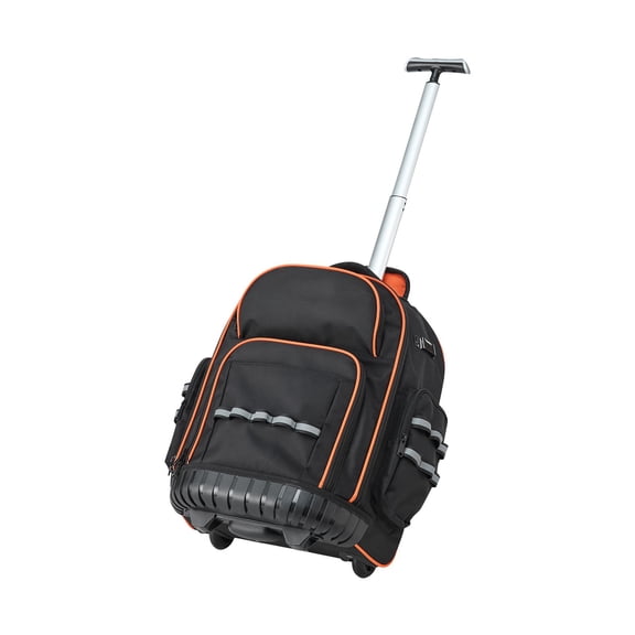 Rolling Tool Backpack 110 lbs 45 Pockets, Heavy Roller Bag on Wheels Telescoping Handle for Construction, Black