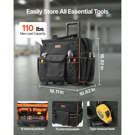 Rolling Tool Bag,110 lbs Load Capacity,25 Pockets Heavy Duty Roller Tool Bag with Adjustable Telescoping Handle&Stable Base,Toolbag Organizers with Wheels for Electrician,Construction