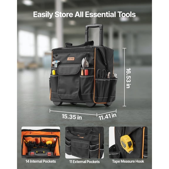 Rolling Tool Bag,110 lbs Load Capacity,25 Pockets Heavy Duty Roller Tool Bag on Wheels,Adjustable Telescoping Handle&Stable Base,Toolbag Organizers with Wheels for Construction,Mechanic