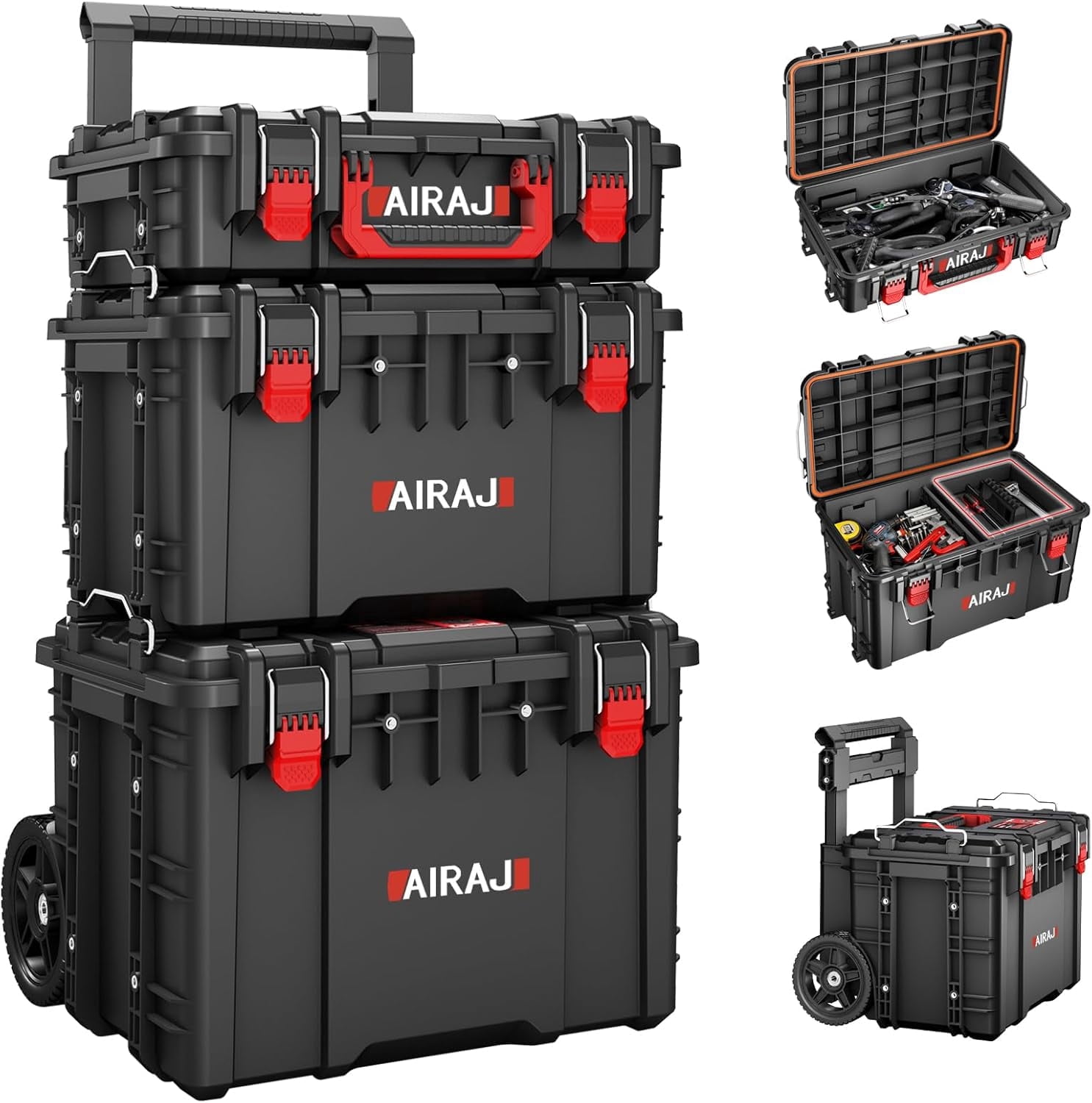 AIRAJ Rolling Modular Stackable Tool Box Organizer with Wheels,Waterproof Toolbox for Hand/Power Tools,Removable Divider/Parts Box,All-Terrain Durable Wheels,Telescopic Pull Rod Handle
