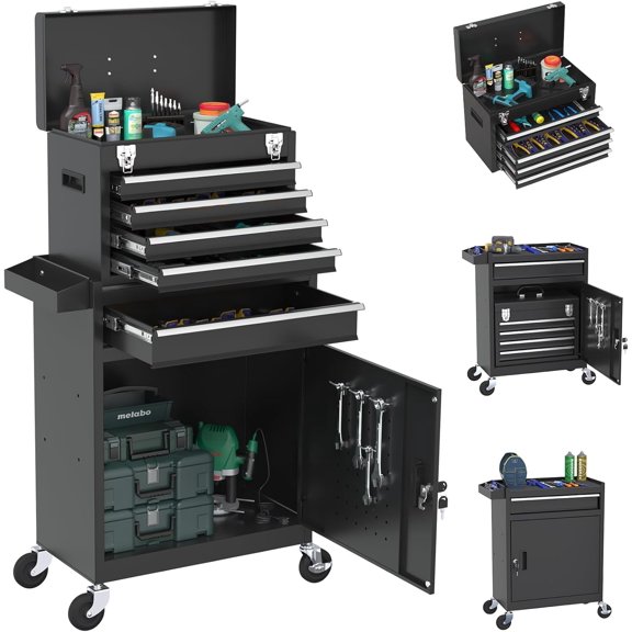 Rolling Tool Box with Wheels, 5-Drawer High Capacity Tool Chest with Wheels, Removable Storage Toolbox with Lock for Garage, Workshop (Black)