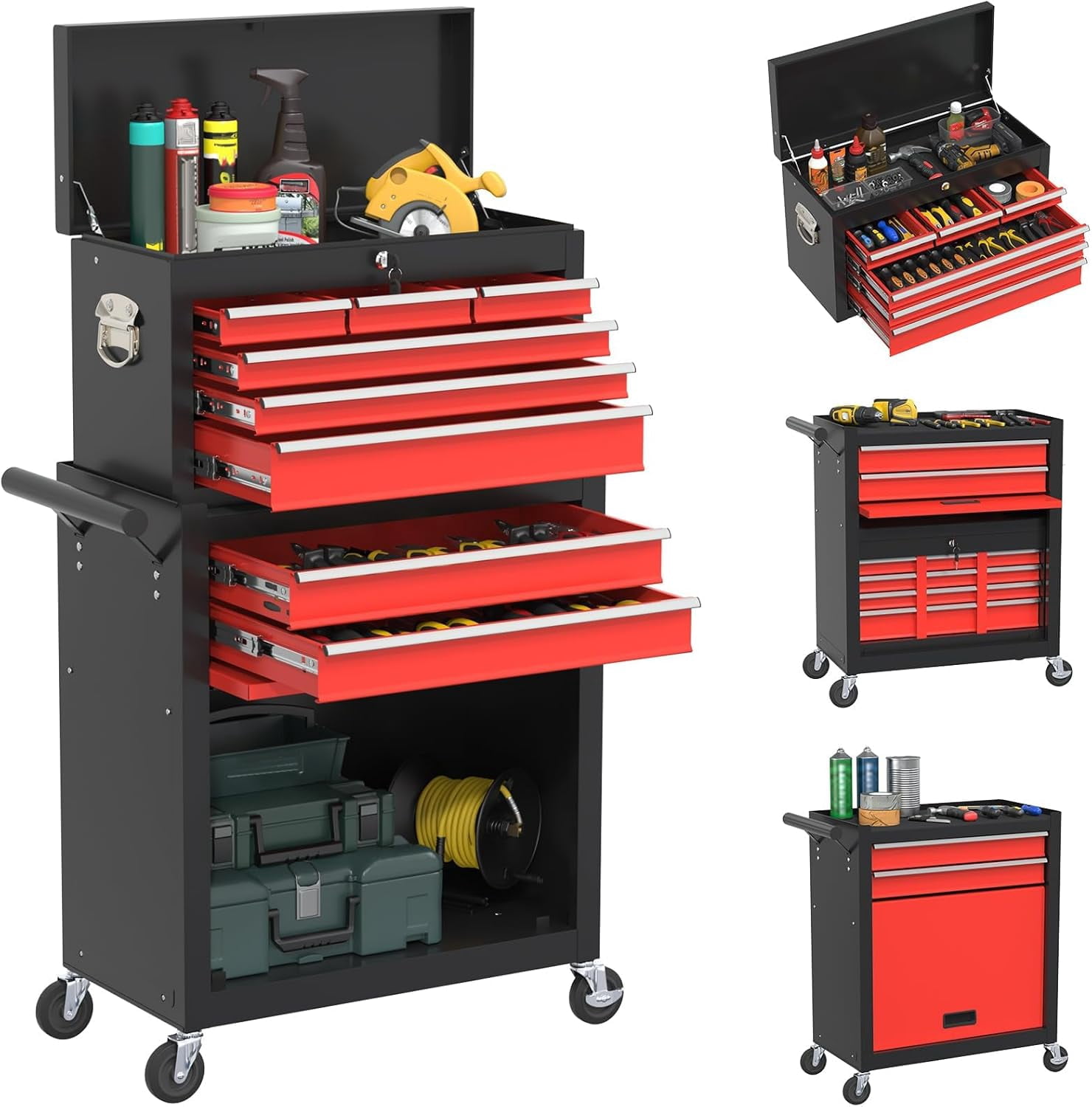 Rolling Tool Box with Wheels, 8-Drawer High Capacity Tool Chest with Wheels, Removable Storage Toolbox with Lock for Garage, Workshop (BlackRed)