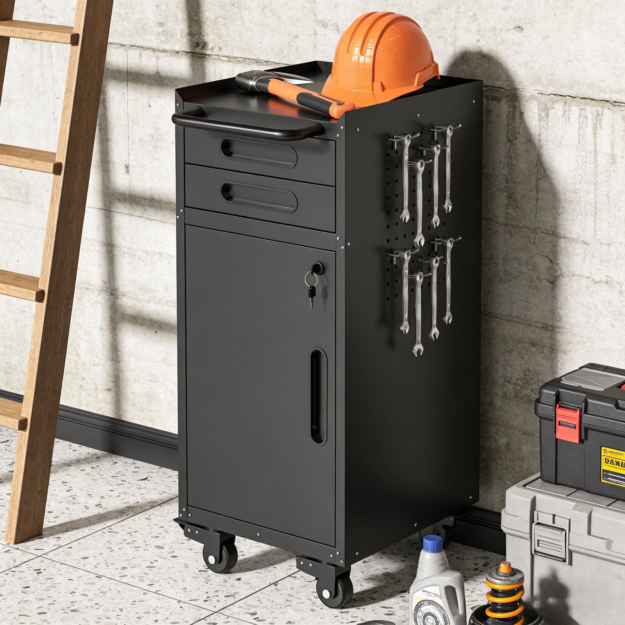 Rolling Tool Cabinet – Slim Storage, Lockable Door, 2 Drawers & Handle, 4 Swivel Casters (2 Lockable)