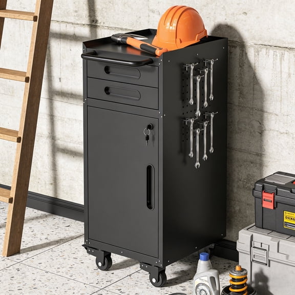Rolling Tool Cabinet – Slim Storage, Lockable Door, 2 Drawers & Handle, 4 Swivel Casters (2 Lockable)