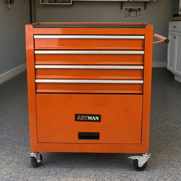 Rolling Tool Cabinet for Garage and Workshop, 4-Drawer Rich Orange Steel Multifunction Storage Cart
