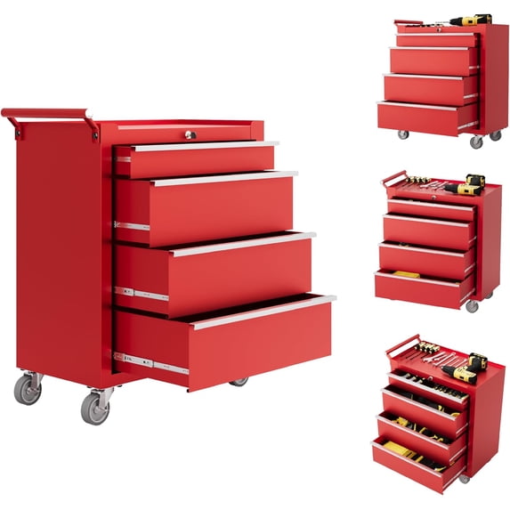 Rolling Tool Cabinet with 4 Drawers Mobile Toolbox with Lock and Drawer Liners Durable Garage and Workshop Organizer on Wheels Red