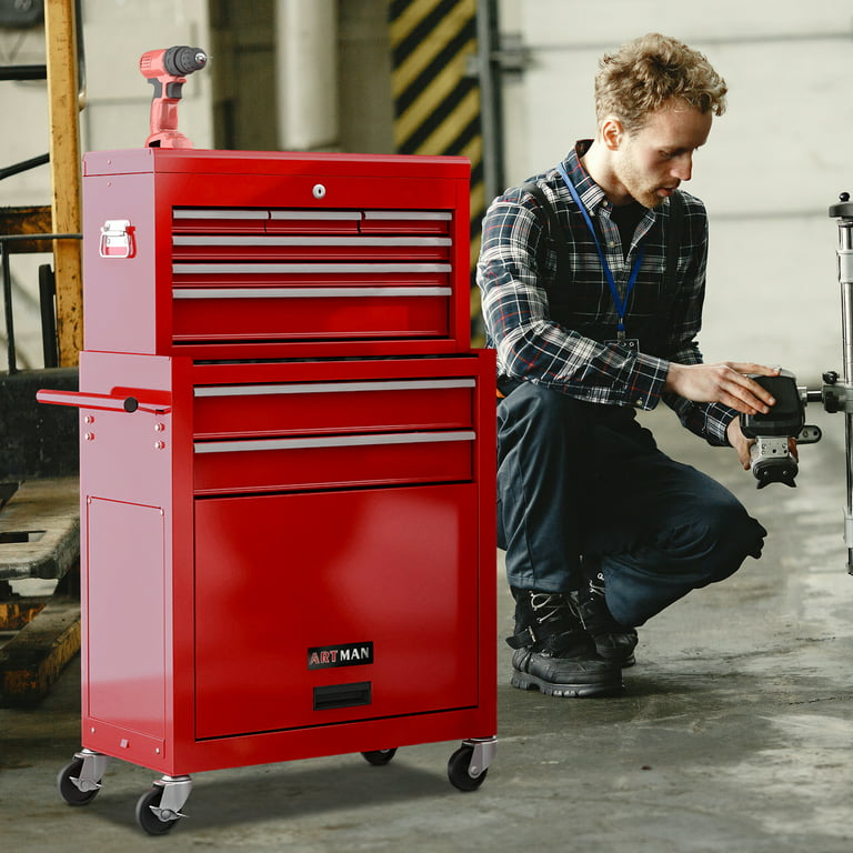 2-IN-1 Tool Chest & Cabinet, Large Capacity 8-Drawer Rolling Metal Tool Box  Organizer with Wheels Lockable, Red 