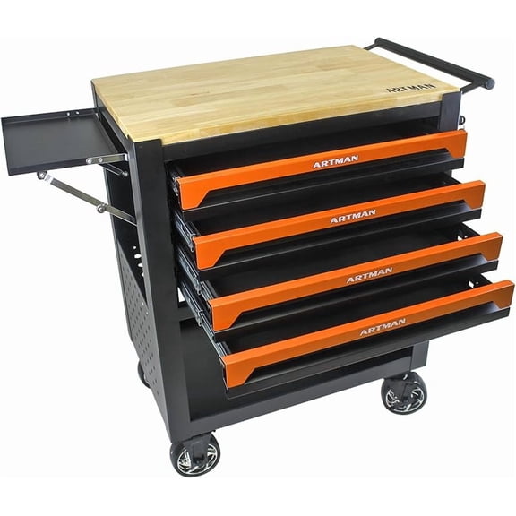 Rolling Tool Cart 4 Drawers Tool Box with Wheels, Wooden Top Tool Boxes, Mechanic Tool Cart, Tool Workbench with Drawers, Tool Storage Cabinet for Garage, Warehouse, Repair Shop, Orange