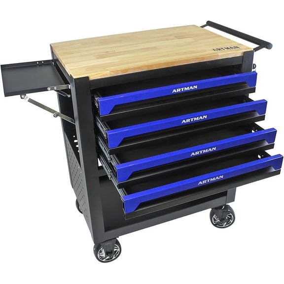 Rolling Tool Cart 4 Drawers Tool Box with Wheels, Wooden Top Tool Boxes, Mechanic Tool Cart, Tool Workbench with Drawers, Tool Storage Cabinet for Garage, Warehouse, Repair Shop, Blue