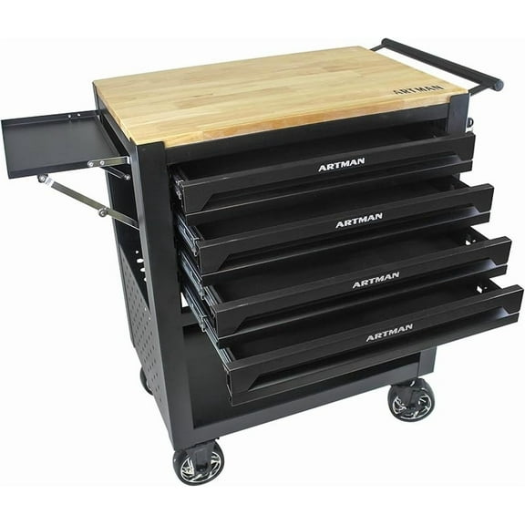 Rolling Tool Cart 4 Drawers Tool Box with Wheels, Wooden Top Tool Boxes, Mechanic Tool Cart, Tool Workbench with Drawers, Tool Storage Cabinet for Garage, Warehouse, Repair Shop, Black