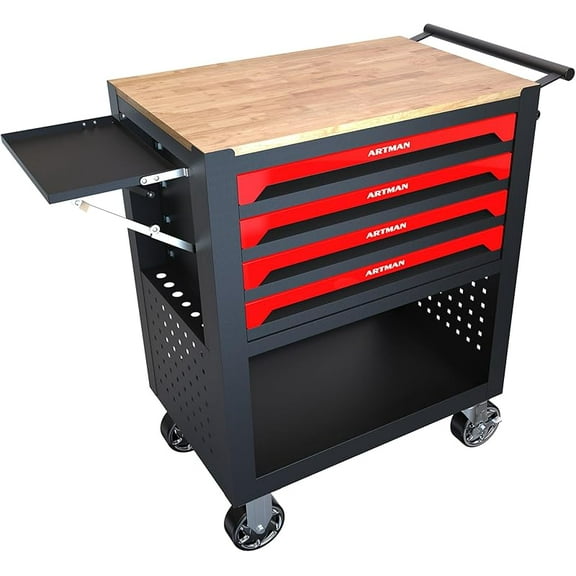 Rolling Tool Cart 4 Drawers Tool Box with Wheels, Wooden Top Tool Boxes, Mechanic Tool Cart, Tool Workbench with Drawers, Tool Storage Cabinet for Garage, Warehouse, Repair Shop, Red