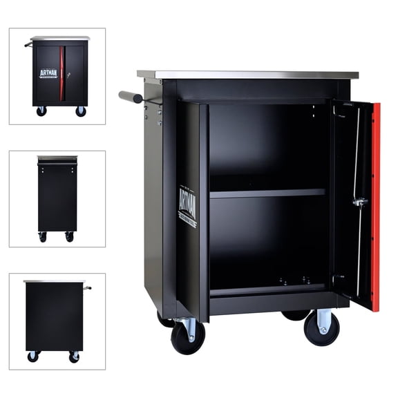Rolling Tool Cart, Double Door Tool Chest with Lockable Cabinet, Mobile Steel Storage Box for Father's Garage Workshop, Black & Red