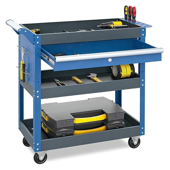 Rolling Tool Cart with Drawers,Large Capability Tool Cart with Locking & Pegboard,440 Load Capacity,3Tier Tool Cart on Wheels Suitable for Warehouses,Repair Shops.Blue.No