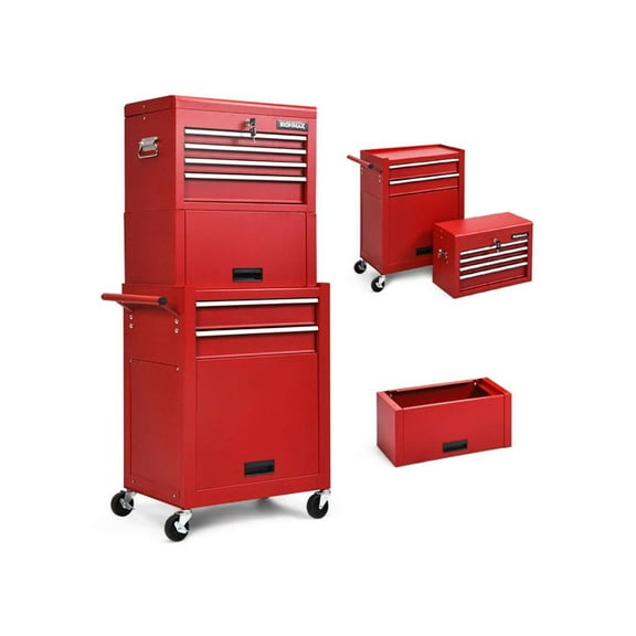 Rolling Tool Chest 2-in-1, 5 Drawers Lockable Steel Tool Cart - Black/Red - Workshop Garage Organizer