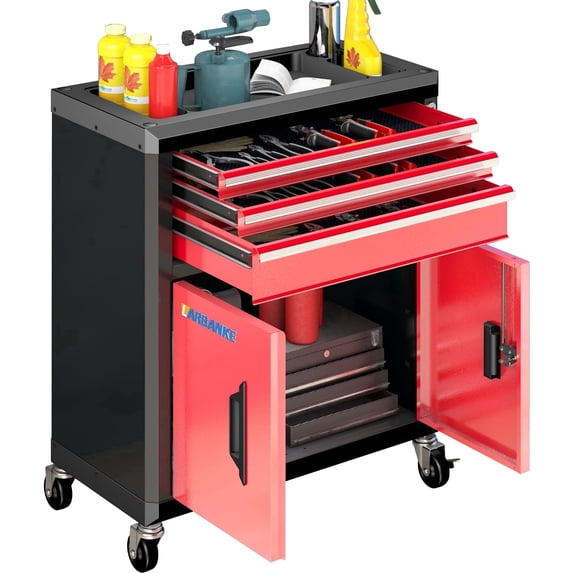 Rolling Tool Chest, 3 Drawers & 2 Doors Metal Tool Box, Heavy Duty Tool Cabinet with 360° Swivel Wheels, Lock & Keys, Stackable with 4/5/7-Drawer Units via Connecting Rods