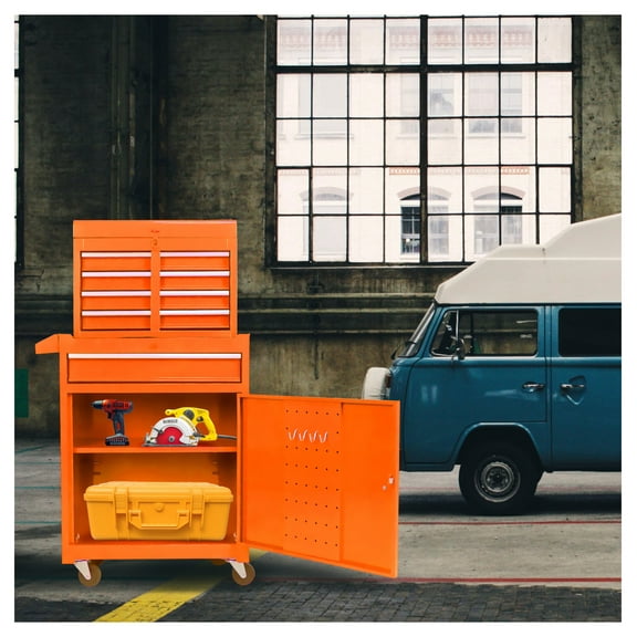 Rolling Tool Chest 5-Drawer Orange, Tool Box Organizer with Wheels & Detachable Top - Garage Workshop Storage Cabinet