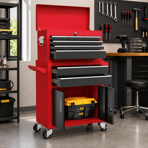 Rolling Tool Chest with 8 Drawers, Multifunctional Steel Toolbox Organizer, Tool Storage Cabinet with Detachable Topbox, Garage Tool Cart w/Universal Weels,Hanging Box, Hooks, DIY Anti-slip Mat