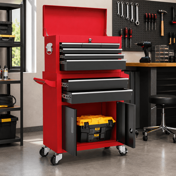 Rolling Tool Chest with 8 Drawers, Multifunctional Steel Toolbox Organizer, Tool Storage Cabinet with Detachable Topbox, Garage Tool Cart w/Universal Weels,Hanging Box, Hooks, DIY Anti-slip Mat