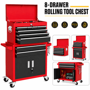 Rolling Tool Chest with 8 Drawers, Multifunctional Steel Toolbox Organizer, Tool Storage Cabinet with Detachable Topbox, Garage Tool Cart w/Universal Weels,Hanging Box, Hooks, DIY Anti-slip Mat