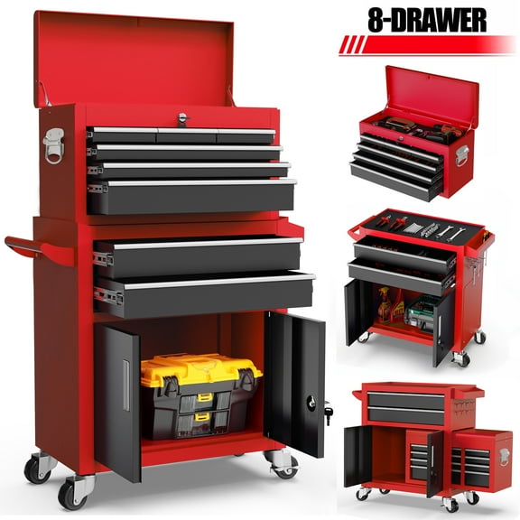 Rolling Tool Chest with 8 Drawers, Multifunctional Steel Toolbox Organizer, Tool Storage Cabinet with Detachable Topbox, Garage Tool Cart w/Universal Weels,Hanging Box, Hooks, DIY Anti-slip Mat