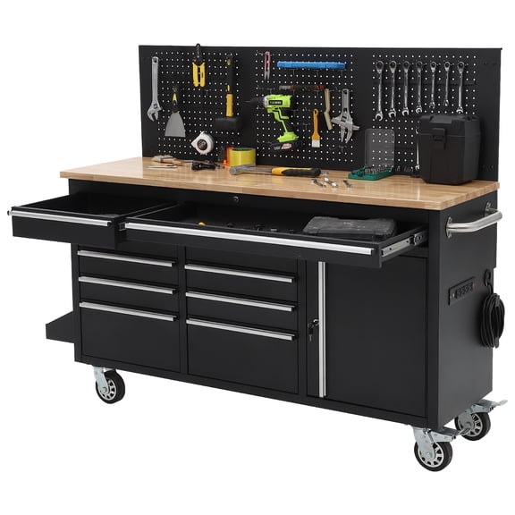 Rolling Tool Chest 61 Inch – Heavy Duty Mobile Workbench with Charging Station, 10 Drawers, Pegboard, Rubber Wood Tabletop & 4 Wheels – Tool Cabinet for Garage Workshop