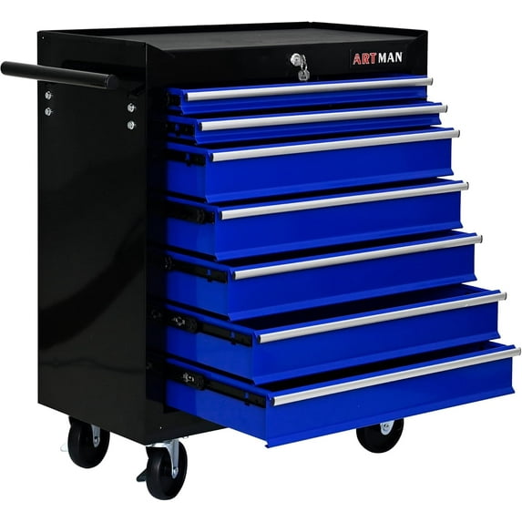 Rolling Tool Chest with 7-Drawer Tool Box with Wheels Multifunctional Tool Cart Mechanic Tool Storage Cabinet for Garage, Warehouse, Workshop, Repair Shop (Black & Blue)