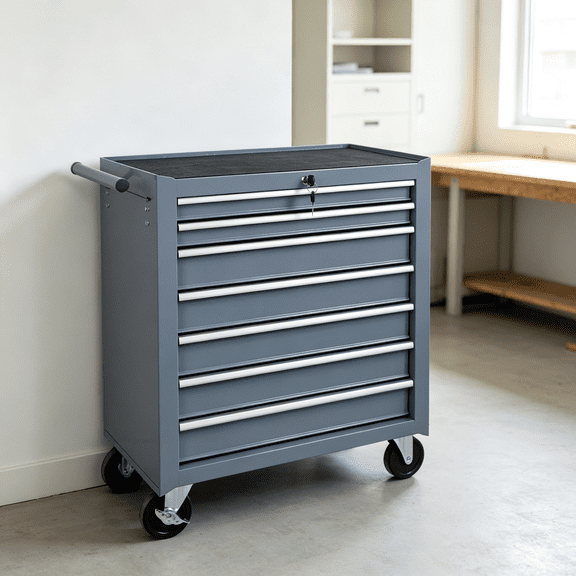 Rolling Tool Chest, 7 Drawer Tool Storage Cabinet with Wheels, Heavy Duty Steel Toolbox with Lock, Key and Drawer Liners, 450lbs Tool Organizer for Garage Workshop and Repair Areas, Grey