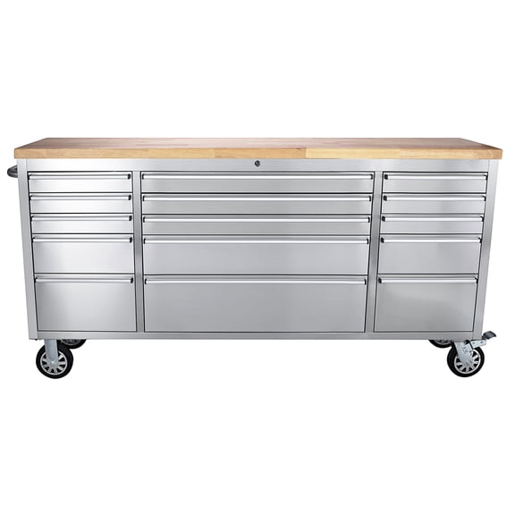 Rolling Tool Chest 72-Inch 15 Drawers, Stainless Steel Cabinet, Sturdy Wood Workbench Top Lockable Wheels, Power Outlets Garage Workshop Storage Organizer