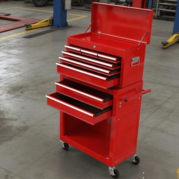Rolling Tool Chest 8 Drawer Tool Storage Cabinet High Capacity Steel Tool Box on Wheels Mobile Workbench Garage Workshop Organizer Locking Drawers Ball Bearing Slides Powder Coat Finish Red