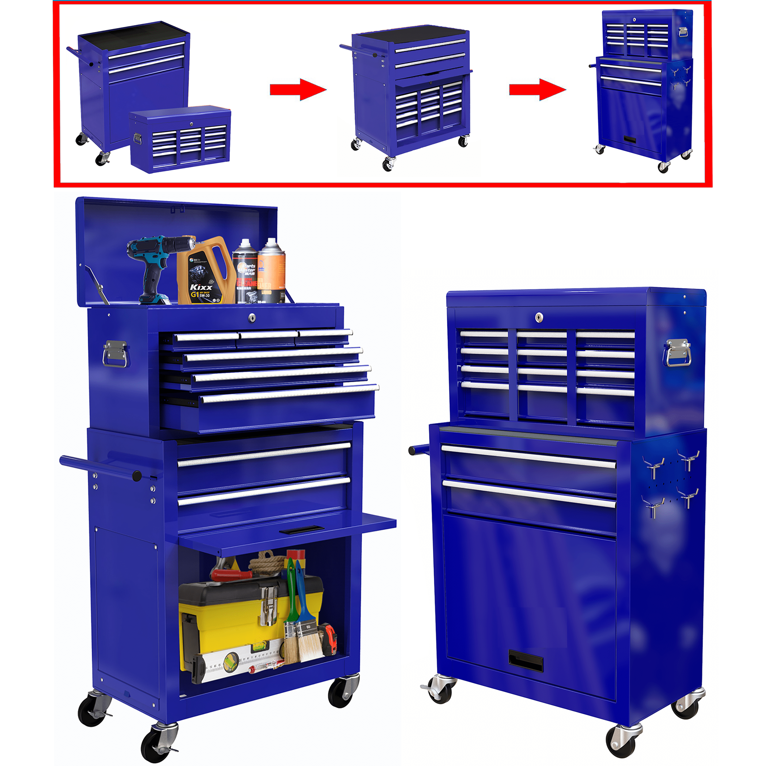 Rolling Tool Chest with 8 Drawers, 2-IN-1 Hidden Multifunctional Toolbox  Set, Blue Tool Box On Wheels Storage Cabinet Lockable with Sliding Drawers