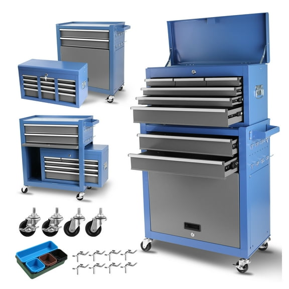 Rolling Tool Chest 8 Drawers, Mobile Tool Cabinet Combo - Detachable Organizer for Garage, Workshop, Mechanics - Lockable Tool Box