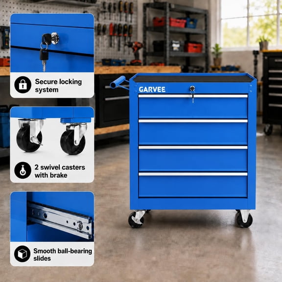Rolling Tool Chest & Cart with Wheels, 24 in 4-Drawer Locking Steel Tool Storage Cabinet - Locking Lid - Drawer Liners - Ball-Bearing Slides - Mobile Tool Box for Garage & Workshop - Blue