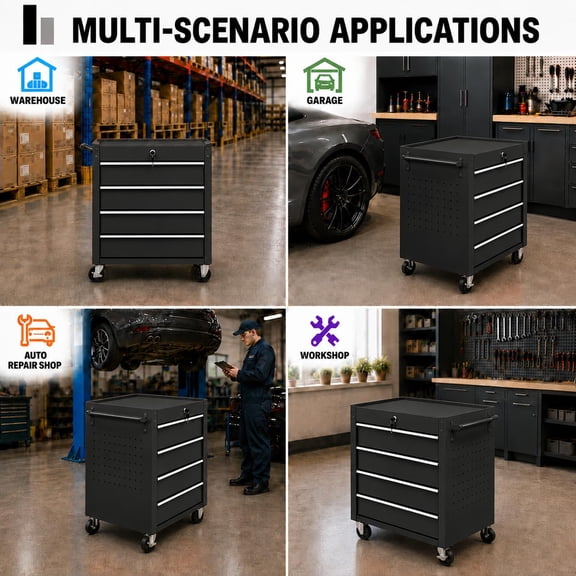 Rolling Tool Chest & Cart with Wheels, 24 in 4-Drawer Locking Steel Tool Storage Cabinet - Locking Lid - Drawer Liners - Heavy-Duty Steel Build - for Garage & Workshop - Black