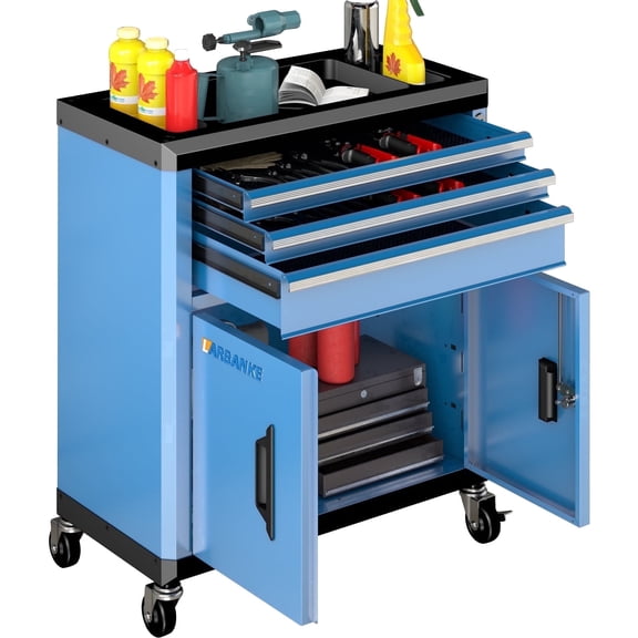 Rolling Tool Chest with Lock & Keys, 3 Drawers & 2 Doors, Heavy Duty Tool Cabinet, 360° Swivel Wheels, Connecting Rods for Stacking with 5/7-Drawer Chest