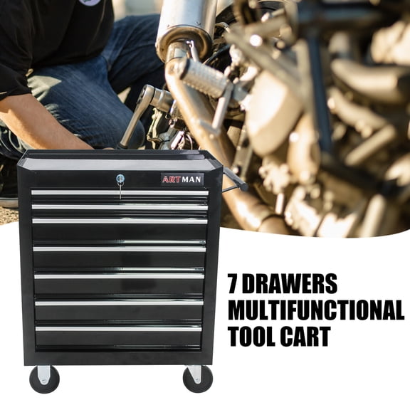 Rolling Tool Chest with Wheels and 7-Drawer, Detachable Tool Cabinet with Lock for Garage, Locking Mechanic Tool Cart Rolling Tool Box for Warehouse, Workshop, Repair Shop, Black