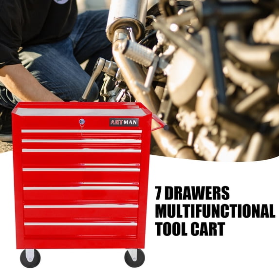 Rolling Tool Chest with Wheels and 7-Drawer, Detachable Tool Cabinet with Lock for Garage, Locking Mechanic Tool Cart Rolling Tool Box for Warehouse, Workshop, Repair Shop, Red