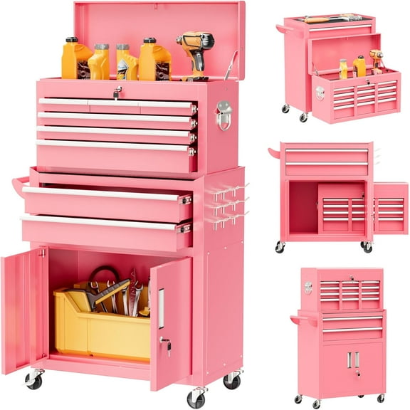 Rolling Tool Chest with Wheels, 8 Drawer Metal Tool Cart with Portable Tool Box and Work Bench, Assembled Tool Chest with Drawer and Hooks for Garage, Workshop, Warehouse - Pink