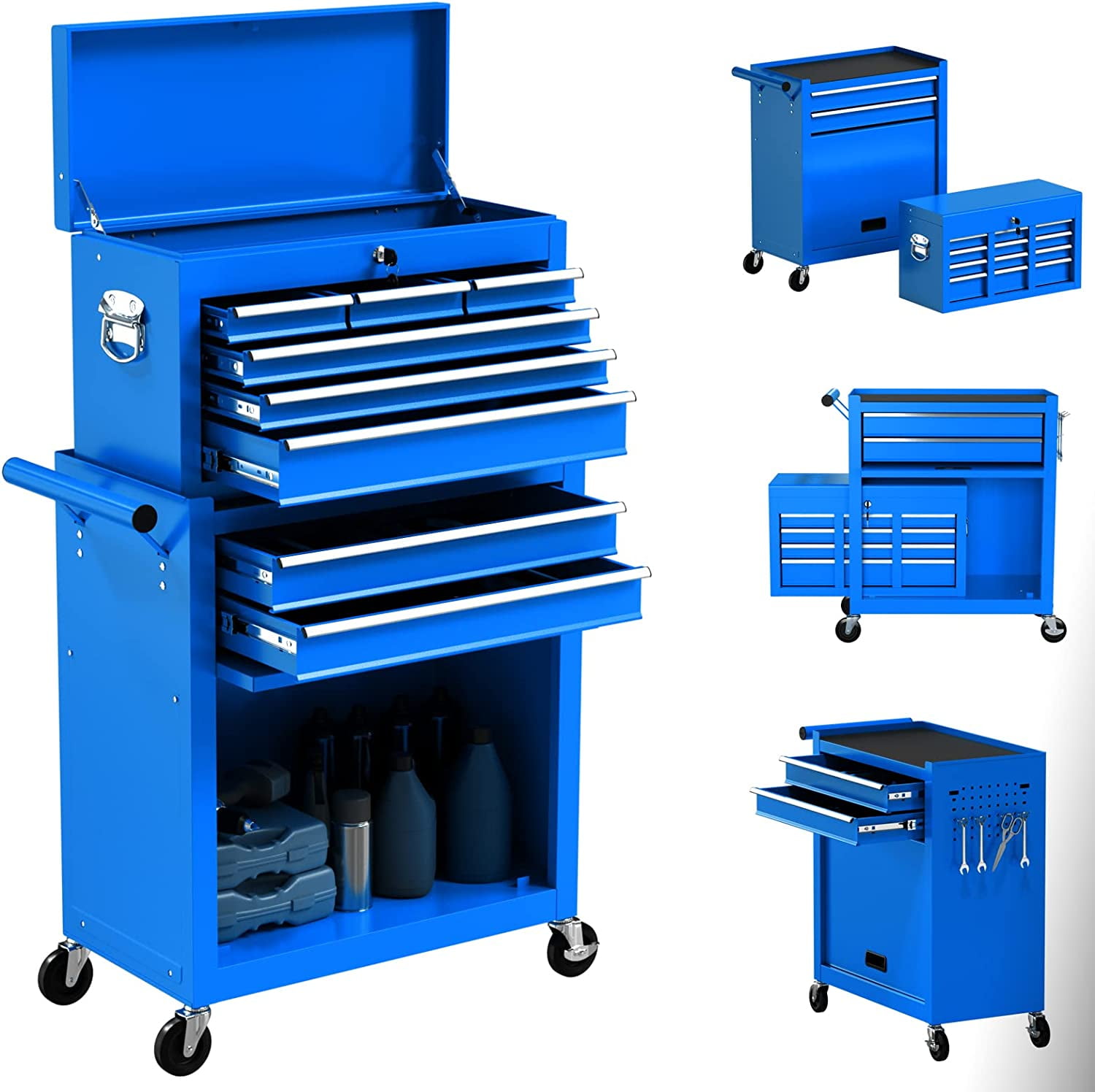 Rolling Tool Chest with Wheels and 8 Drawers, Detachable Large Toolbox  Storage Cabinet with Lock,Locking Mechanic Tool Cart for Warehouse,  Workshop,Garage,Blue 