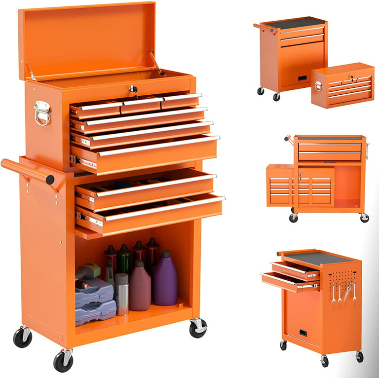Rolling Tool Chest with Wheels and 8 Drawers, Detachable Large Toolbox  Storage Cabinet with Lock,Locking Mechanic Tool Cart for Warehouse,  Workshop,Garage,Orange 