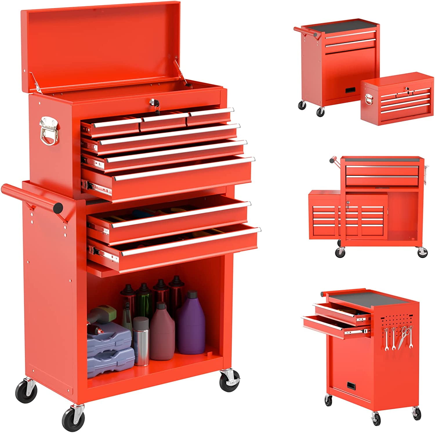 Aukfa Tool Chest, 2in1 Steel Rolling Tool Box & Cabinet On Wheels for  Garage, 8-Drawer, Red